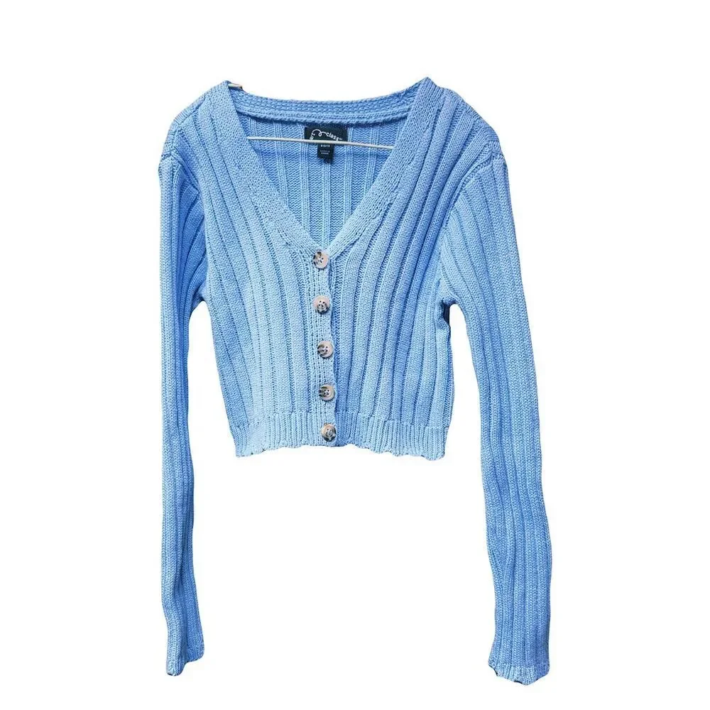 Class Act Girls' Blue Ribbed Cardigan Size 6-7 Heart Buttons - Picture 1 of 7